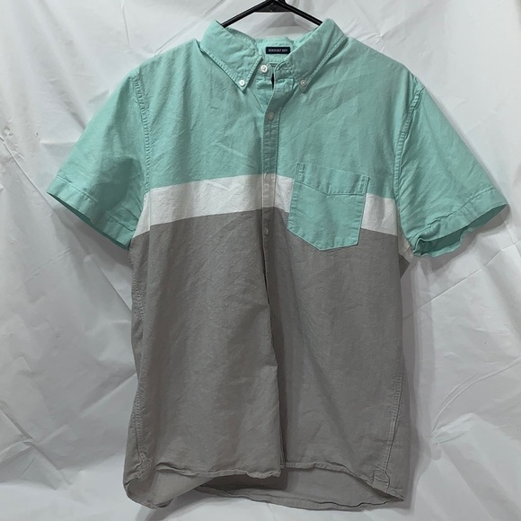 AMERICAN Eagle Sea Foam and Gray Button Up Collared Short Sleeve Shirt Size L - Picture 1 of 4